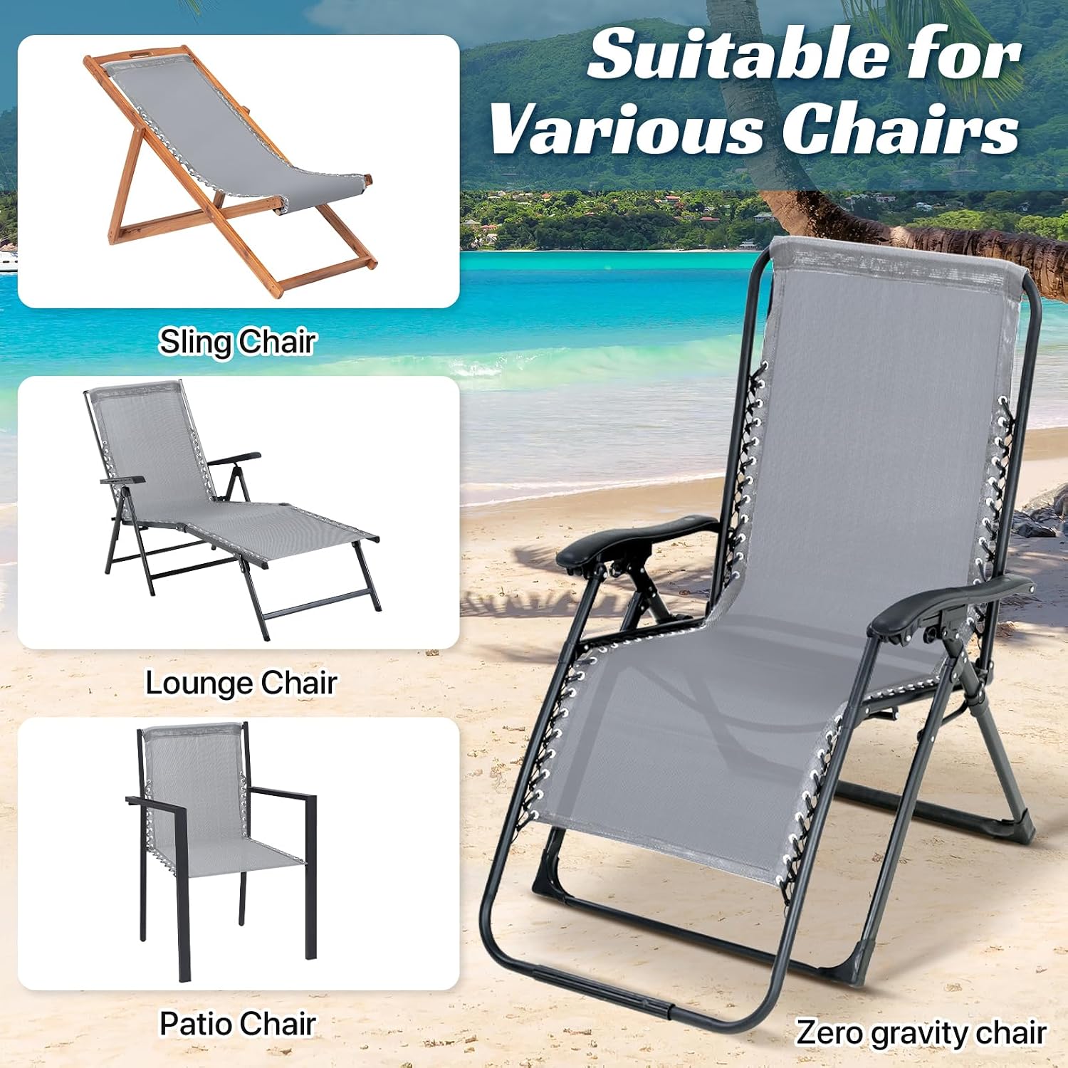 Ostlttyn Zero Gravity Chair Replacement Fabric with Cord Kits, 17inch Wide Repair Cloth with Replacement Bungee Cord for Anti Gravity Chairs Patio Lounge Chair Lawn Beach Sling Chair, Light Grey