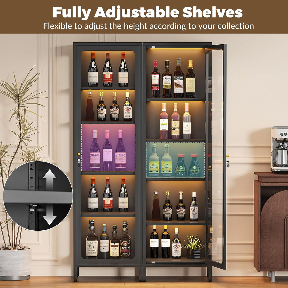 69" Glass Display Cabinet with Lock & 13-Color LED Lights, 5-Tier Lo...