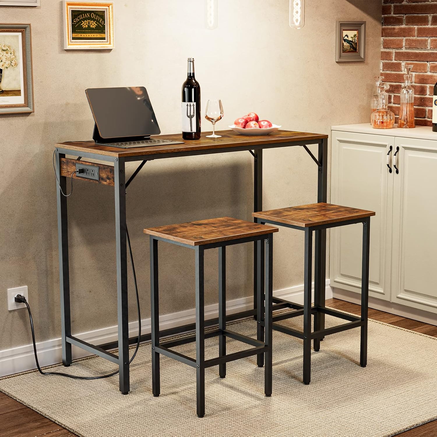 HOOBRO Bar Table and Chairs Set, 39.4" Dining Table Set with Power Outlet, 3-Piece Pub Table Set, Kitchen Bar Height Table with Stools of 2, Space Saving for Living Room, Rustic Brown BF45UBT01