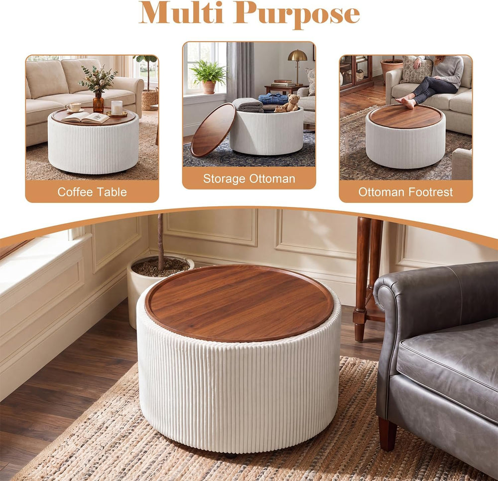 28” Round Storage Ottoman, Ottoman Coffee Table with Tray, Corduroy | Modern ...