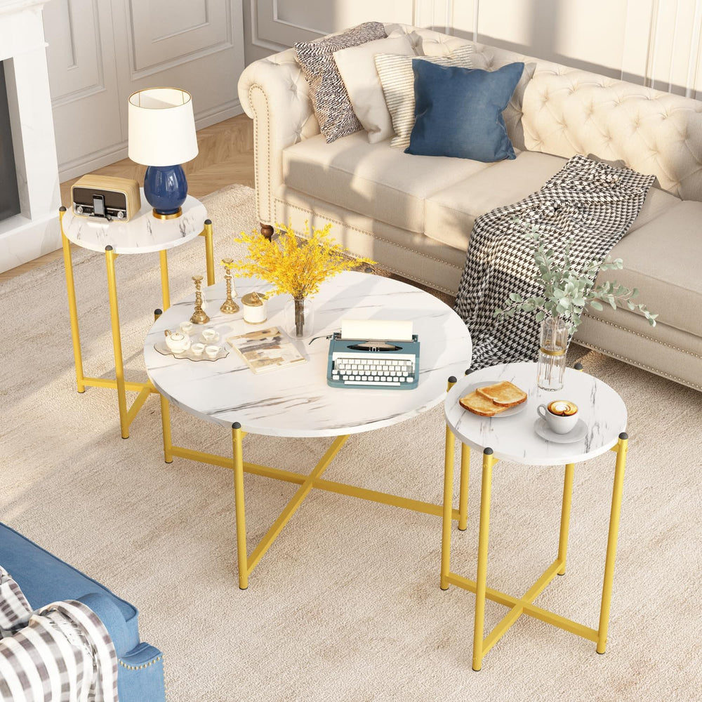 Lamerge Coffee Table Set of 3,Modern Faux Marble Top with Golden Frame,1 Coff...