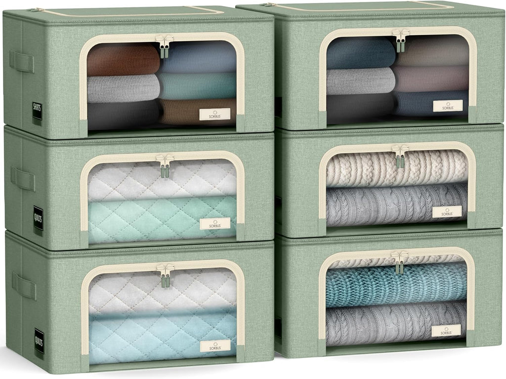 Sorbus Storage Bins with Metal Frame - Stackable & Foldable Clothes Organizer Bags - Oxford Fabric Storage Containers with Large Clear Window & Carry Handles, Bedroom Organization for Bedding & Linen