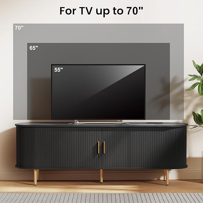 DHH 63 Inch Mid Century Modern TV Stand with Power Outlet for TVs up to 70 Inch, Entertainment Center with Storage and Adjustable Shelves, Media Console with Sliding Doors for Living Room(Black)