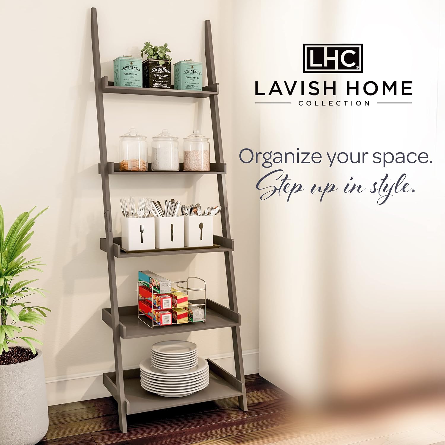 5-Tier Ladder Bookshelf - Freestanding Wooden Bookcase Frame with Leaning Look Shelves for Home and Office Storage by Lavish Home (Gray)
