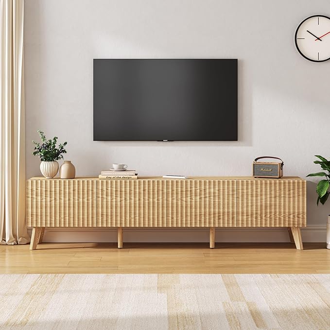 70.9” TV Stand for TVs up to 70,TV Console with Two Storage Compartments, Modern Entertainment Center with 6 Supporting Legs and Grooved Drawer Fronts, TV Stand for Living Room, Bedroom, Natural