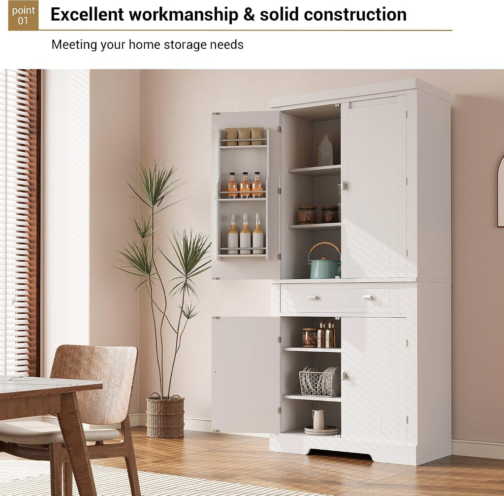 72 Inch Pantry Cabinet, Space-Saving Wood Kitchen Storage Cabinet with Drawer, Door Shelves & Adjustable Shelves, Modern White Cupboard for Dining Room Apartments