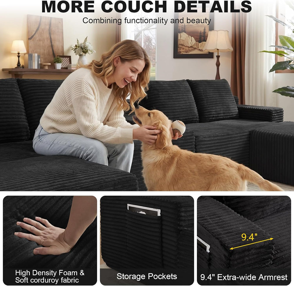 GNIXUU 140.6" Black Cloud Sectional Couches for Living Room | 2 Cup Hold...
