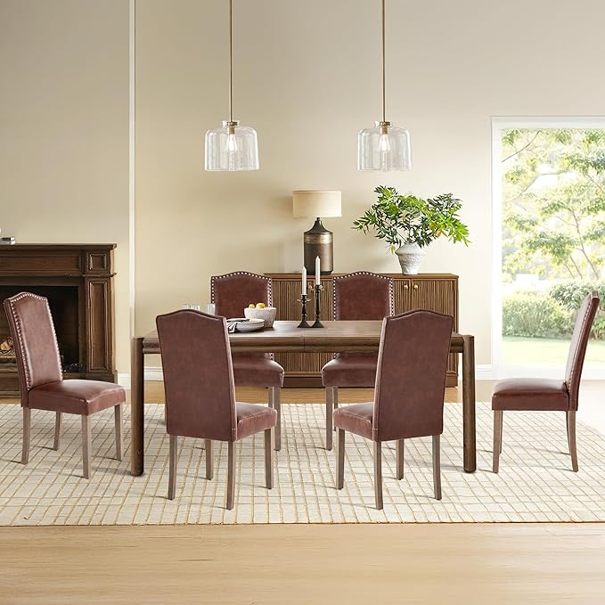 Upholstered Dining Chair Modern Stylish Parsons Kitchen Diner High Back with Silver Nailhead Trim & Wood Legs, Set of 4, PU Leather Light Brown