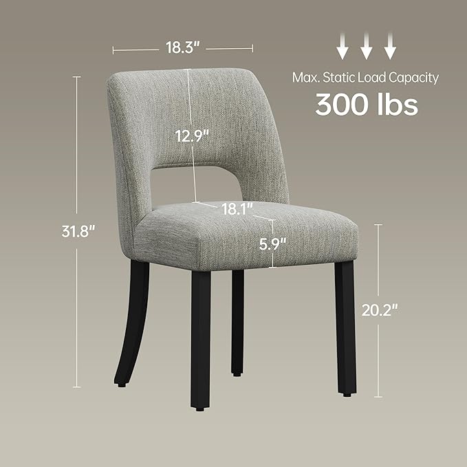 keoni Wooden Dining Chairs Set of 4, Mid Century Modern Upholstered Dining Room Chairs with Black Wood Legs, Fabric Farmhouse Kitchen Chairs with Foot Pegs for Dining Room, Light Gray