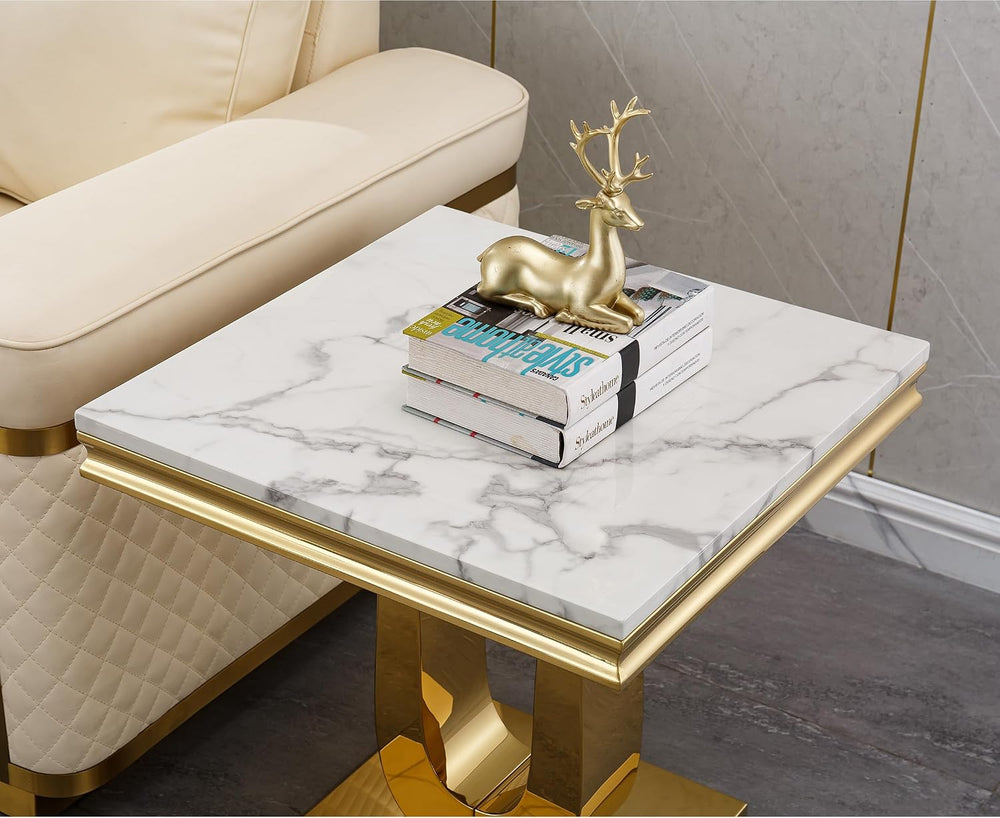 1 Piece Living Room End Table Luxury Faux Marble Sofa Side Table, Modern Whit...