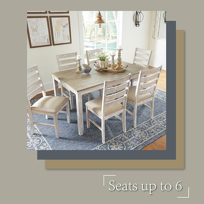 Signature Design by Ashley Skempton Cottage Dining 7 Piece Set – Rectangular Table & 6 Upholstered Chairs | Coastal Chic Meets Farmhouse, Whitewash