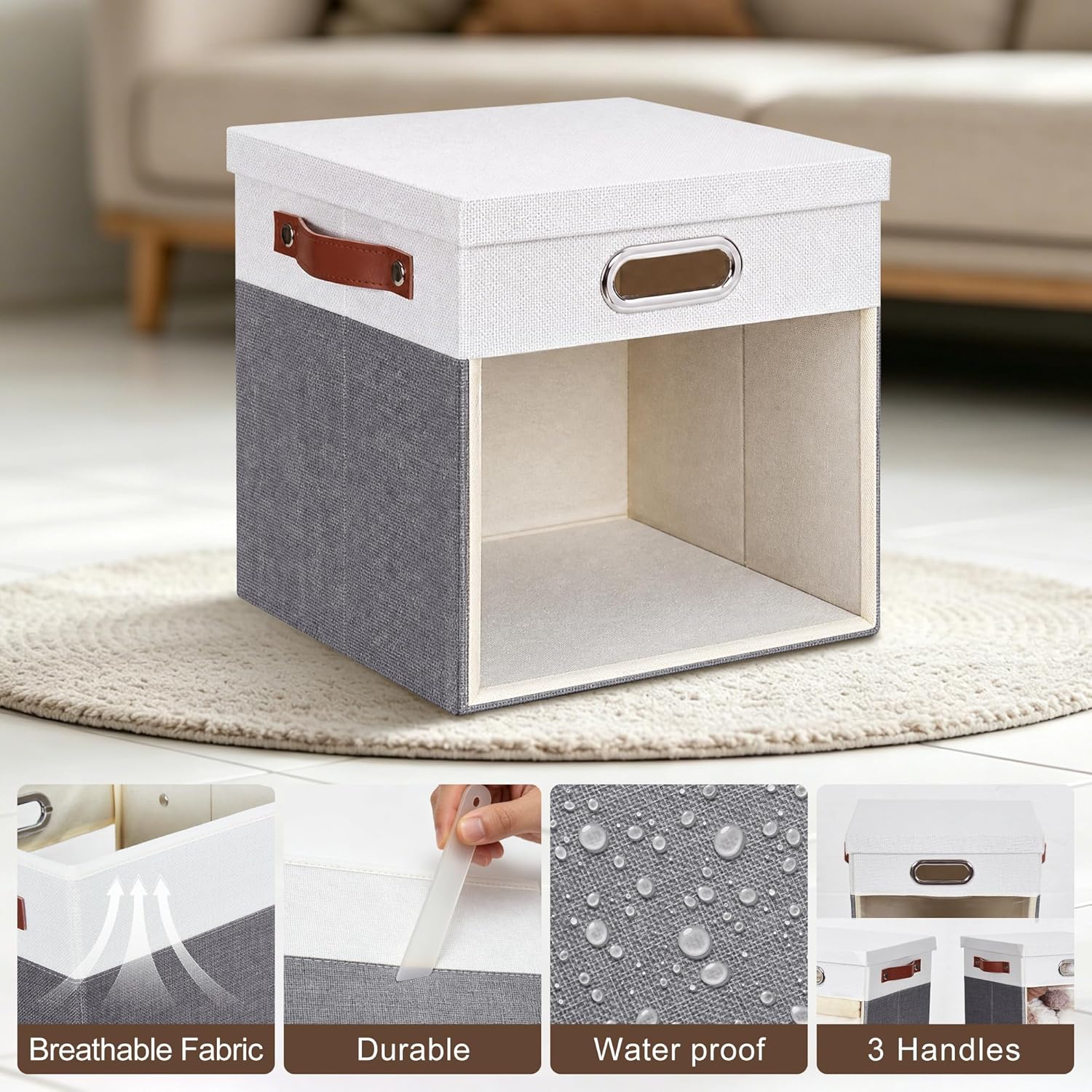 13x13 Inch Ultra Thick Fabric Storage Bins with Lids & Windows, 3P | Foldable, Closet Storage Bins, with 3 Handles, Home Decorative Boxes, for Bedroom, Living Room, Dorm, Office (Gray & White)