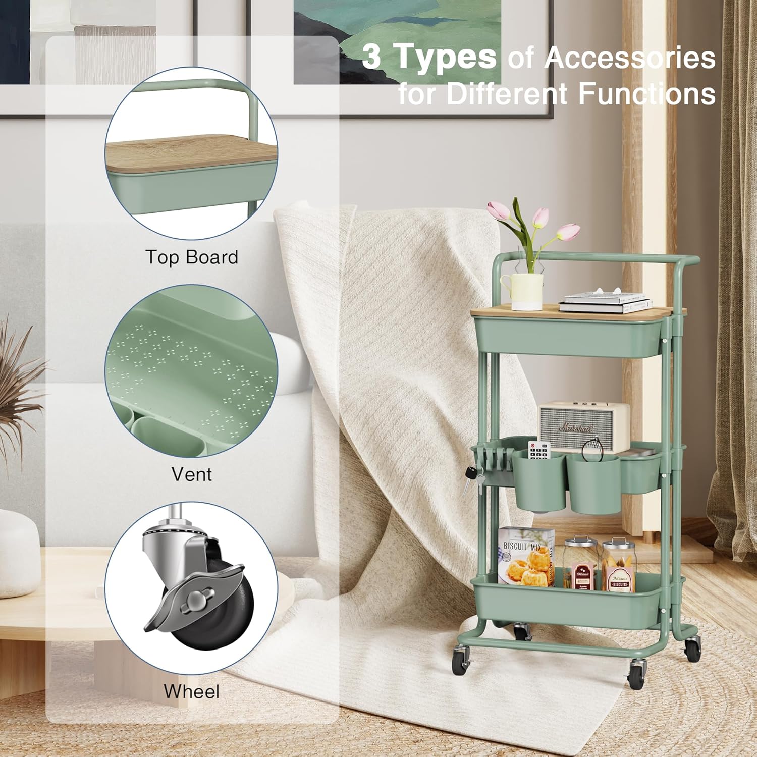 DTK 3 Tier Rolling Utility Cart with Cover Top Board, Movable Kitchen Storage Cart Trolley with Lockable Wheels, Cups, Hooks for Kitchen Bathroom Home Office Art Craft Storage(Turquoise/Green)