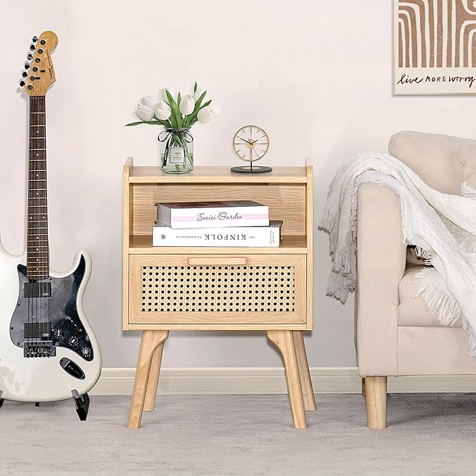 Lerliuo Rattan Nightstands Set of 2, Boho Side Table with Drawer Open Shelf, ...