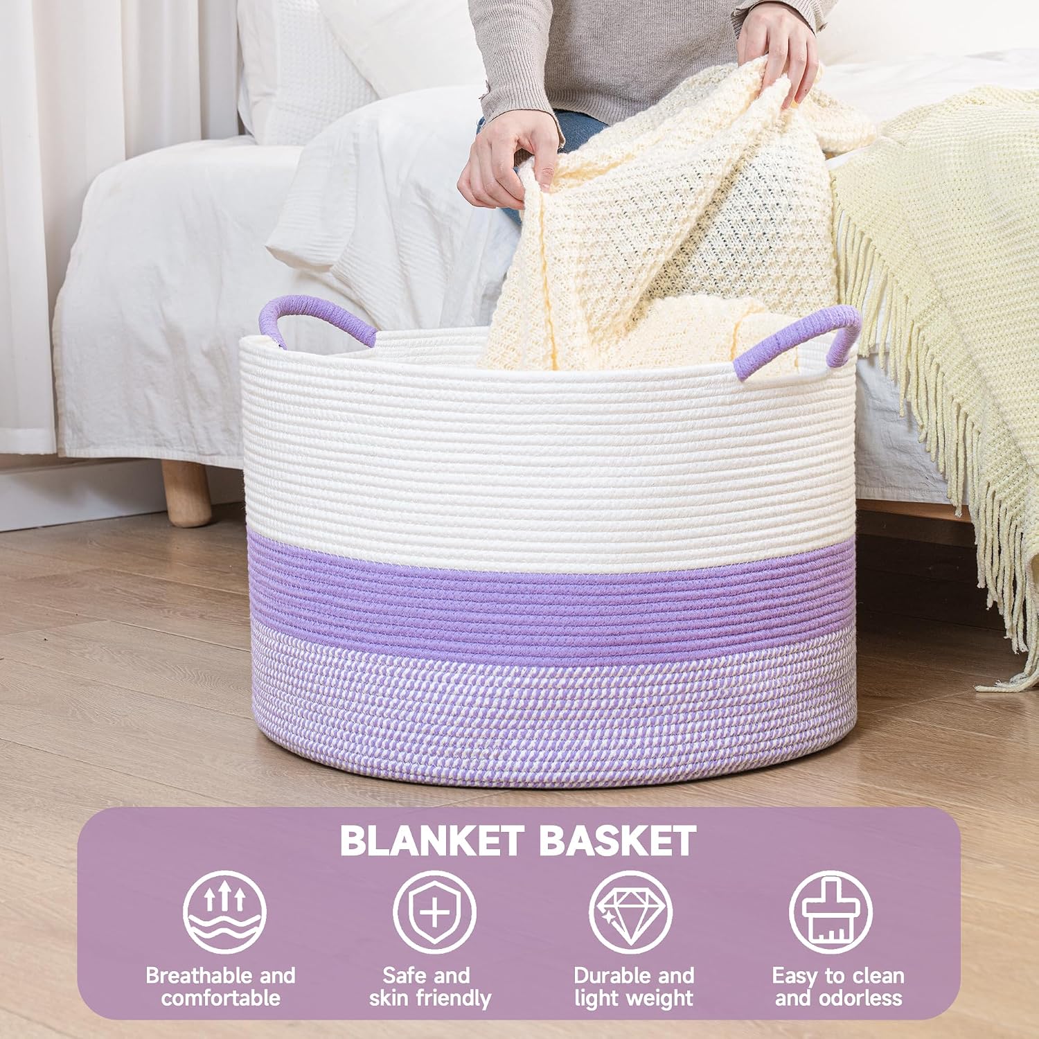 CLHMILY&Z Round Cotton Rope Storage Basket - 22x14.2 Inches - Cute Nursery Bin, Baby Toy Organizer, Lavender Organizer for Home Decor, Multi-Purpose Home Tidy Solution