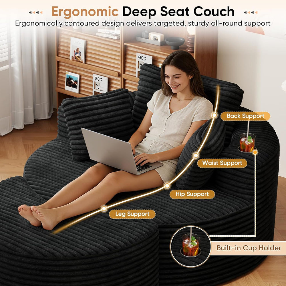 Oversized Round Chaise Longue Chair with Ottoman, Modern Corduroy Deep Seat C...