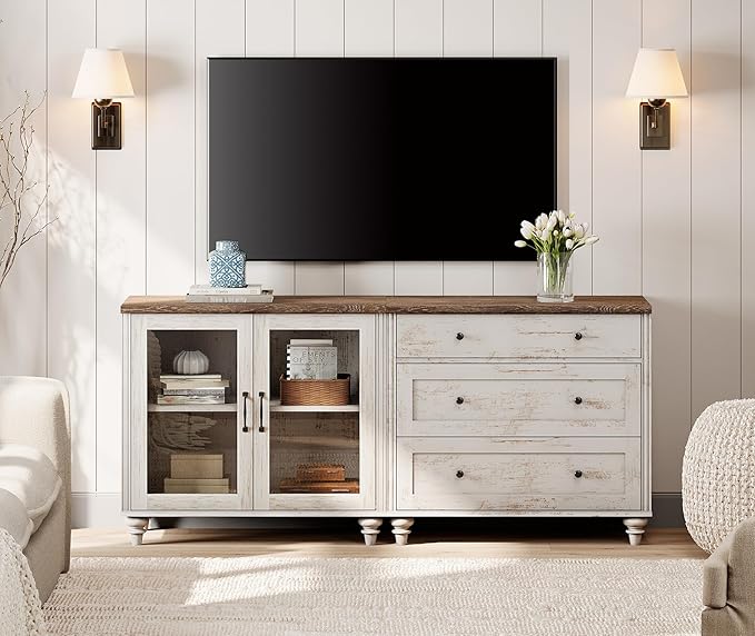WAMPAT TV Stand for 75 Inch TV, Wood TV Cabinet Entertainment Center Televisi...