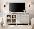 WAMPAT TV Stand for 75 Inch TV, Wood TV Cabinet Entertainment Center Television Stands for Living Room, 2-in-1 Sideboard Buffet Cabinet with Glass Door & Drawer for Kitchen, Rustic White