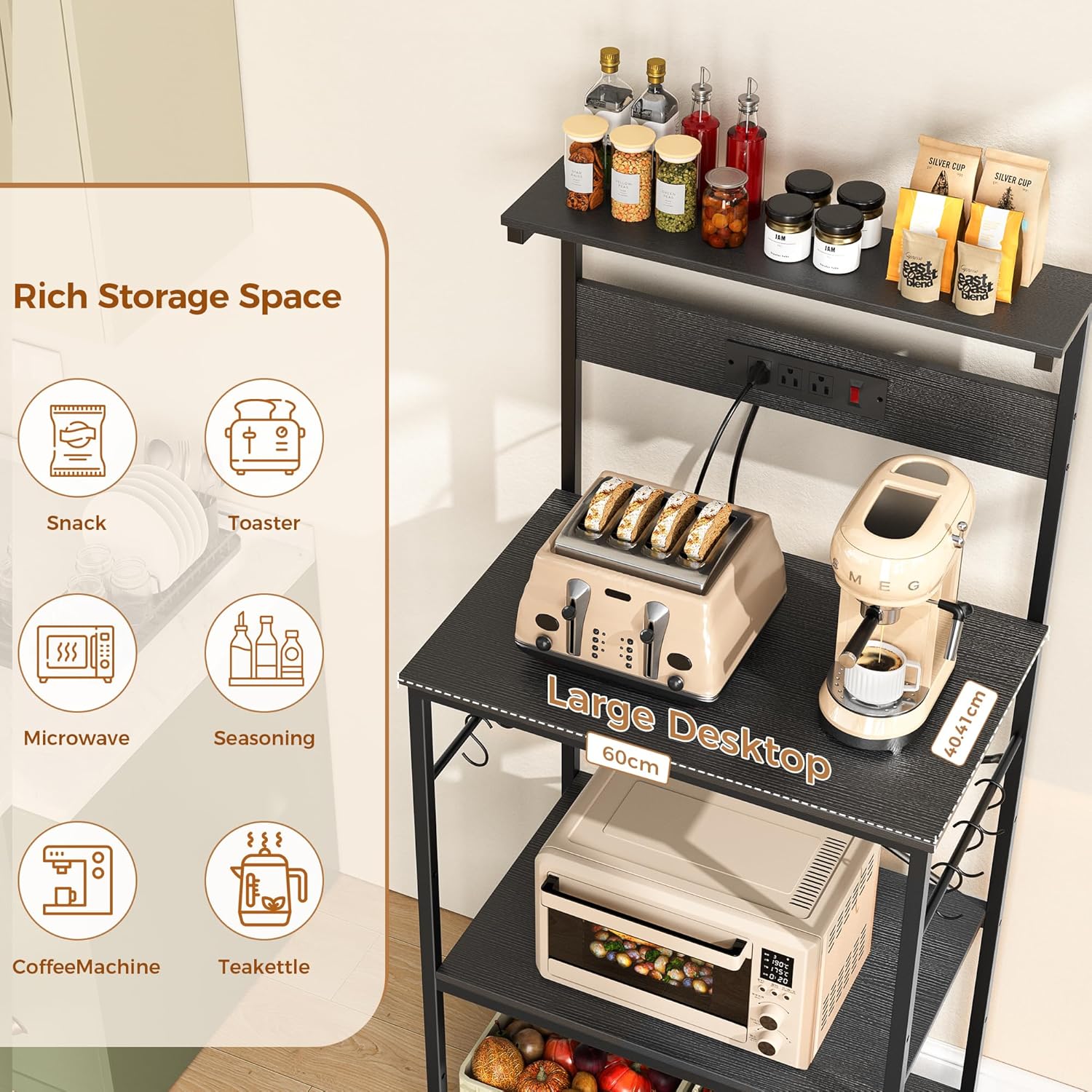 VUSIGN Kitchen Bakers Rack with Power Outlet, 4 Tiers Microwave Stand with Storage, 23.6 Inch Coffee Bar Station with 6 S Hooks, Adjustable Shelf Rack for Pots/Pans/Spices, Black