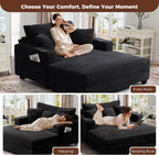 60" Oversized Chaise Lounge Chair with Wood Frame, USB Charging Port, Black | Comfy Plush Faux Fur, 2 Cup Holders & 3 Throw Pillows, Upholstered Sofa Bed for Living Room, Movie Room