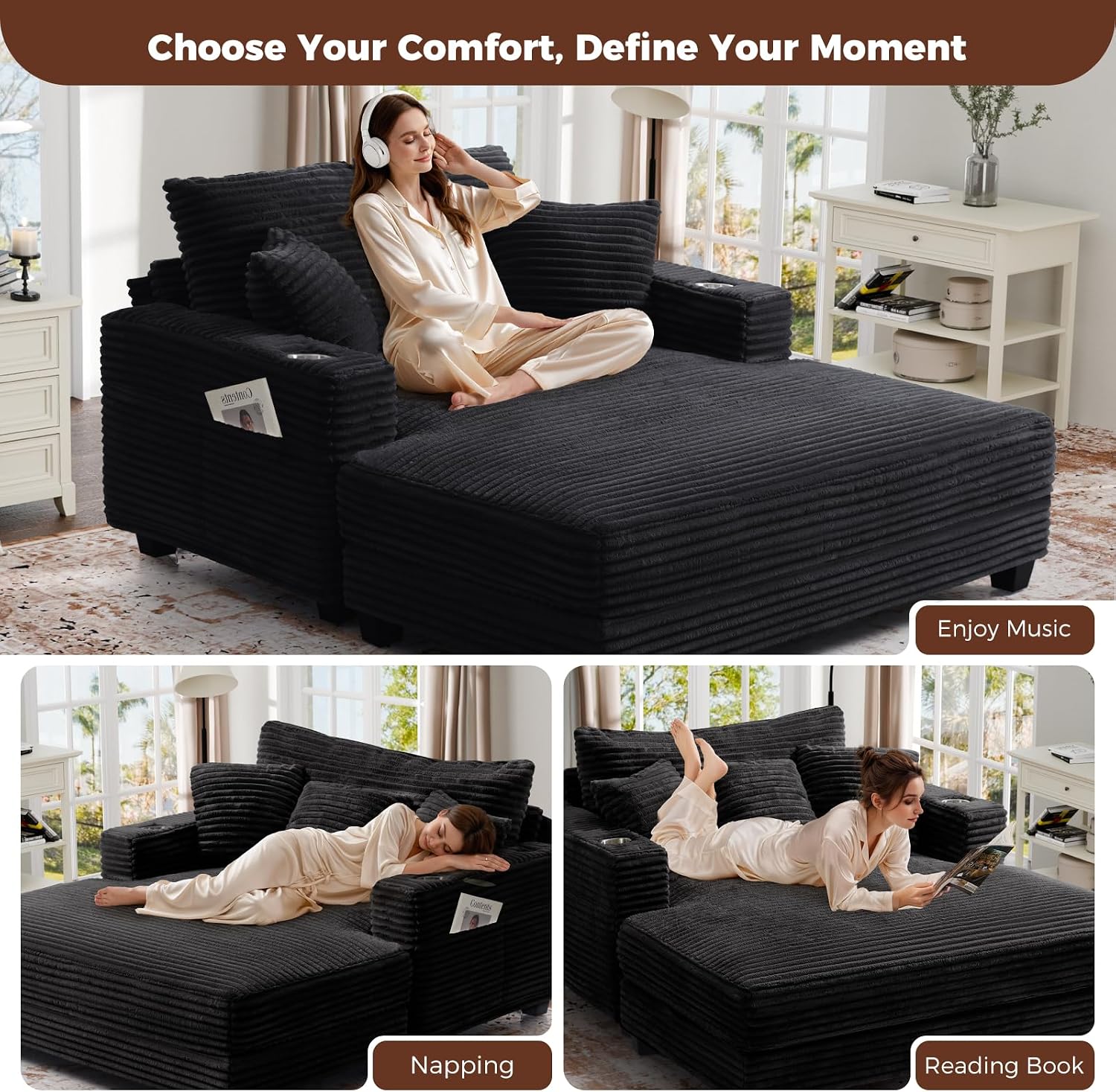 60" Oversized Chaise Lounge Chair with Wood Frame, USB Charging Port, Black | Comfy Plush Faux Fur, 2 Cup Holders & 3 Throw Pillows, Upholstered Sofa Bed for Living Room, Movie Room