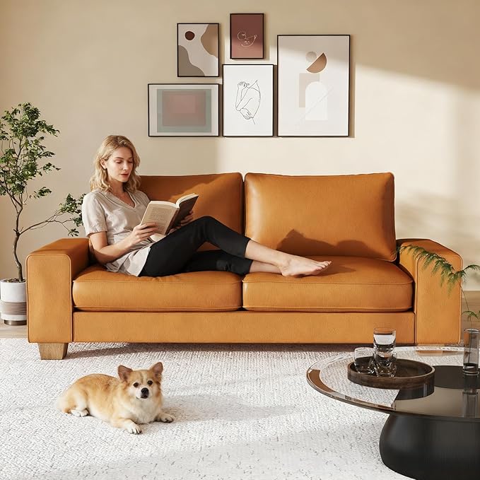 Modern Faux Leather Loveseat Sofa, Compact Small Couch with Spring Cushions & Solid Wood Frame, Easy-Clean Removable Cover, Living Room Office Apartment Furniture (71.25", Brown)