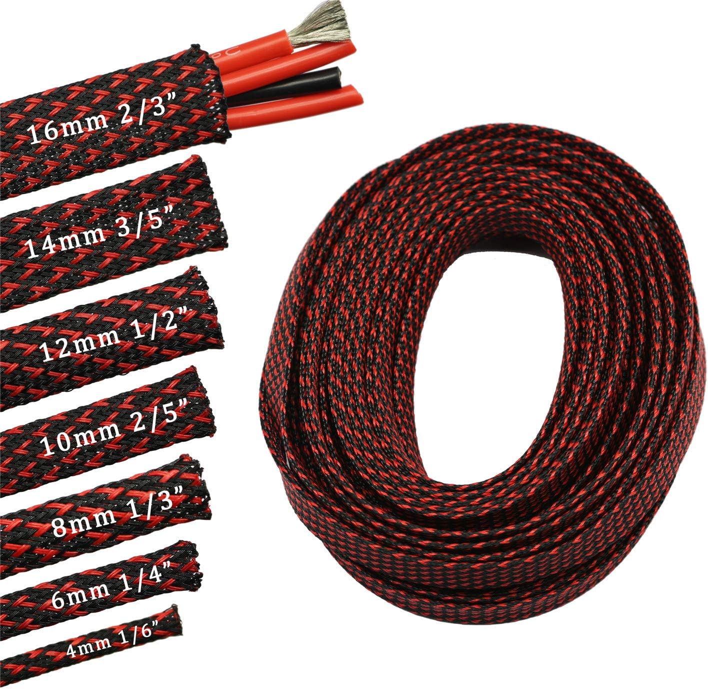 30ft PET Expandable Sleeving Wire Cable Sleeve (1/2", Red&Black)