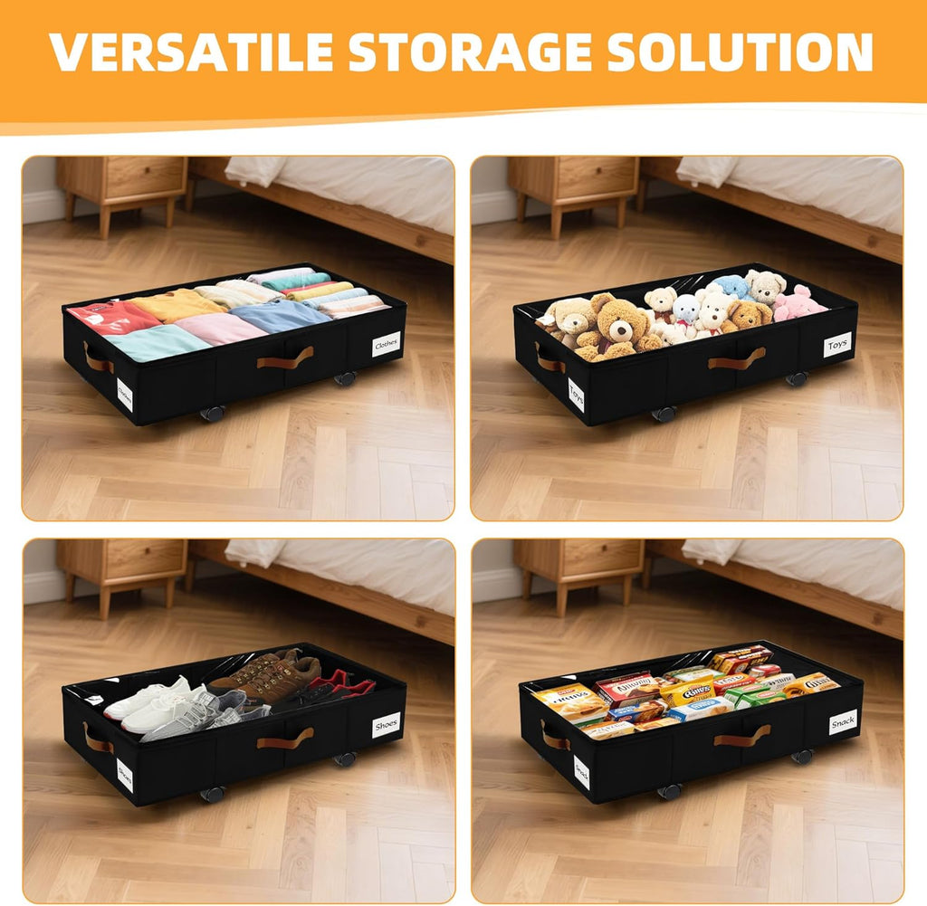 Under Bed Storage with Wheels,Underbed Storage with Sturdy Sidewalls/Bottom, Clear Cover, Label and PU Handle, Rolling Under Bed Drawers for Clothes, Shoes, 6.5 Inch Height,Black, 2 Pack