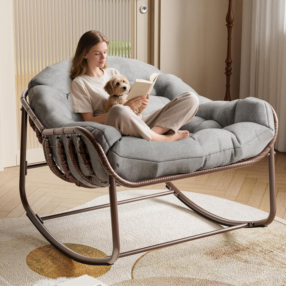 Oversized Papasan Rocking Lounge Chair with Neck Pillow, Hand Woven Rattan Ro...