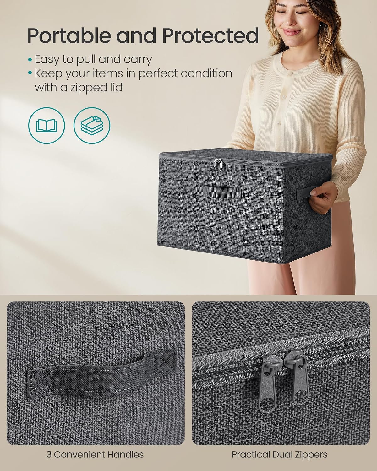 SONGMICS Large Storage Bins with Lids, 31 Quart Fabric Closet Organizer With Zipper, 6 Pack Foldable Storage Boxes, 15.7 x 11.8 x 9.8 Inches, Slate Gray URZB003G02
