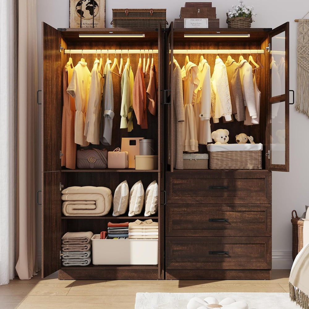 75" Tall Farmhouse 4 Doors Armoire Wardrobe Closet with 3 Drawers and LE...