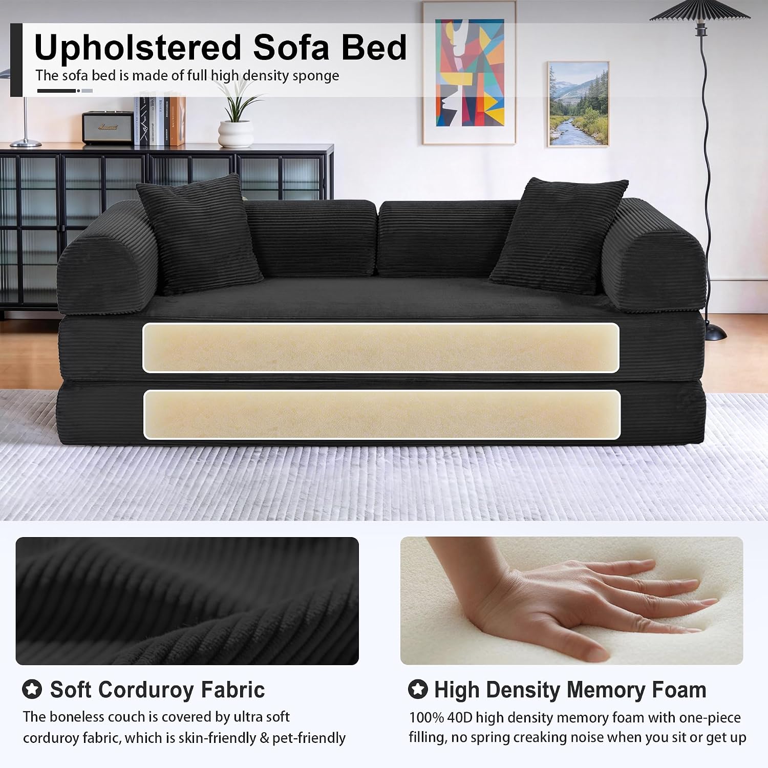 JJJ 78 inch Boneless Sofa Bed Sleeper Couch | Versatile Futon Sofa, Corduroy Fabric, Convertible Couch Bed, No Assembly