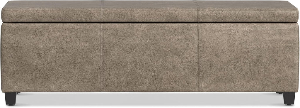 SIMPLIHOME Avalon Storage Ottoman Bench - 48" Wide x 16" High Upholstered Vegan Leather Rectangular Lift-Top Ottoman in Distressed Smoky Grey Brown, Transitional Storage Bench with High-Density Foam