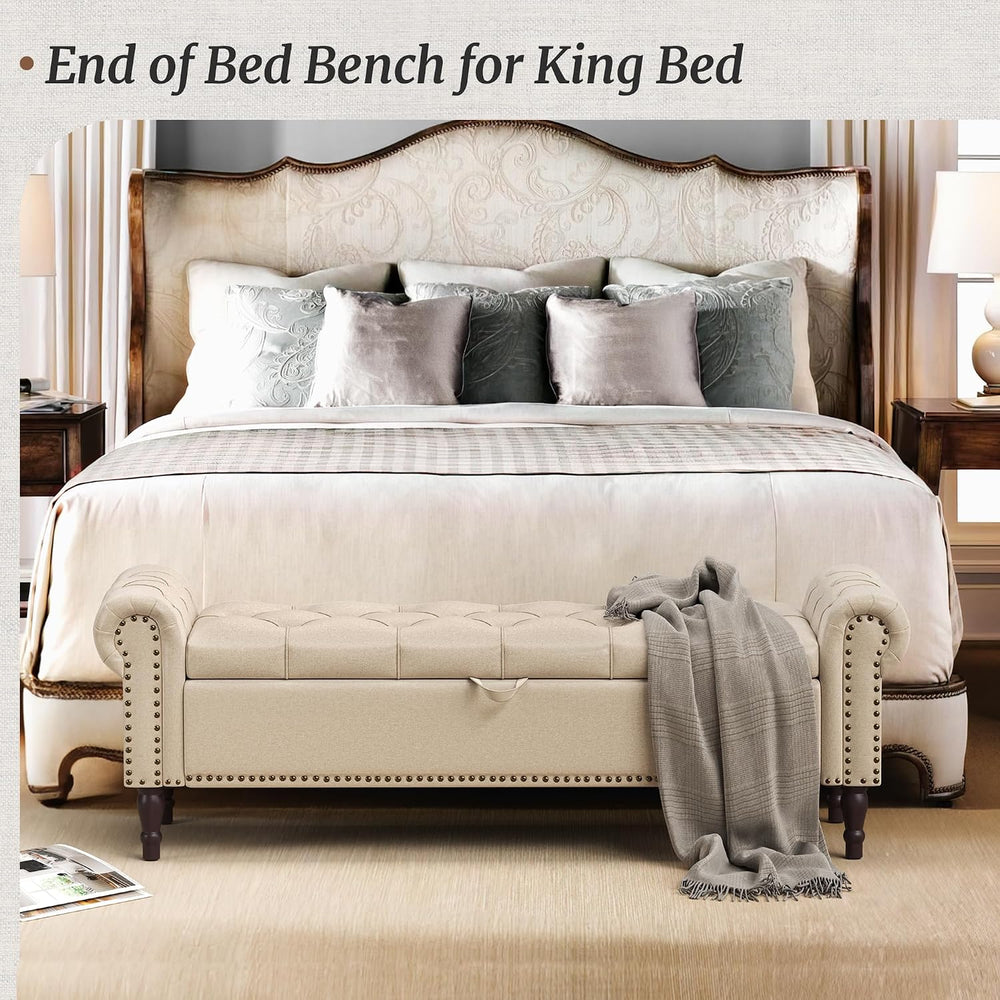 Cozyman Storage Bench Ottoman, 61" Long King Linen Rolled Arm Bedroom En...