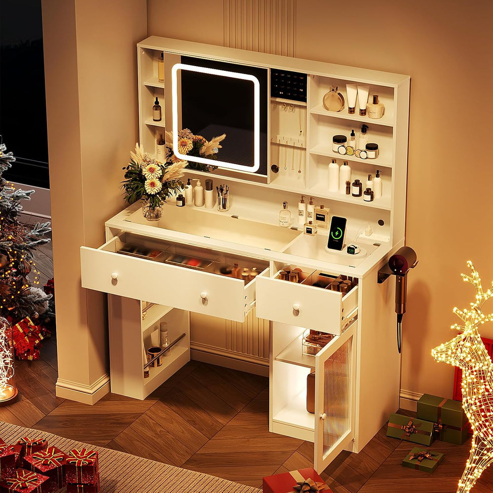 VINGLI Vanity Desk with Sliding Mirror and Lights, Glass Top Makeup Vanity Ta...