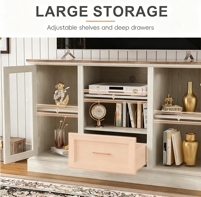 Farmhouse TV Stand for 55/60/65 Inch TV, Tall Media Console with 2 Glass Doors & 3 Adjustable Shelves, Wood Entertainment Center with Cubbies & Drawers for Living Room, Rustic White