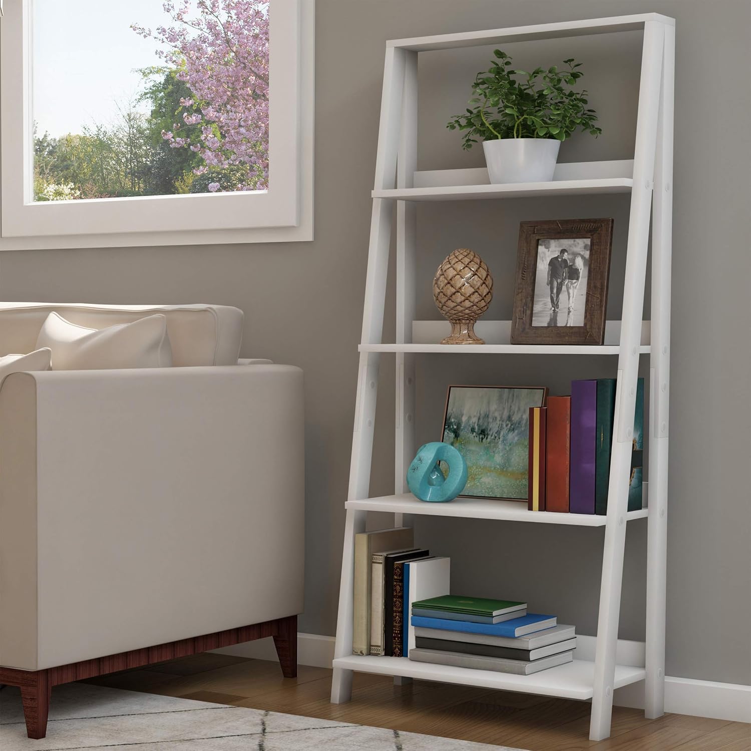 4-Tier Ladder Bookshelf - Freestanding Shelved Bookcase with X-Back Frame and Leaning Look - Display Shelves for Home or Office by Lavish Home (White)