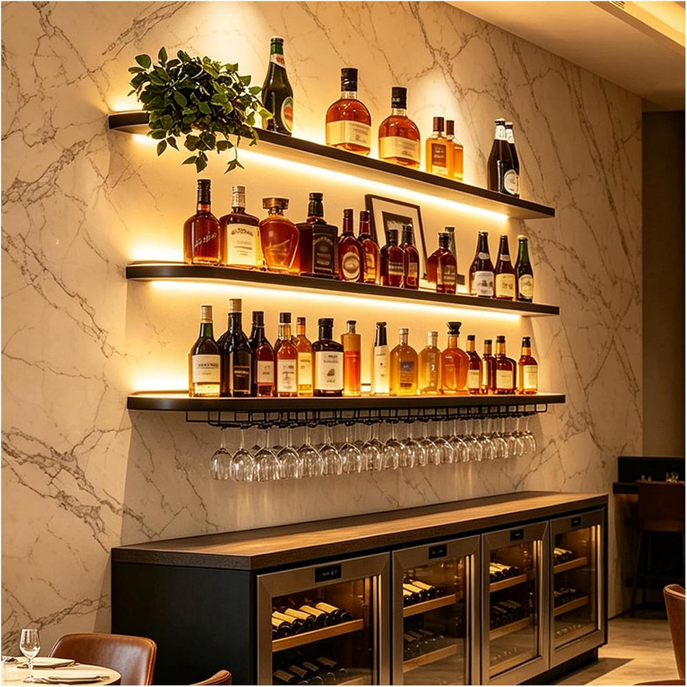 70.8in Wine Rack Wall Mounted - 360° Wrap-Around Curved LED Lights | 3-Tier F...