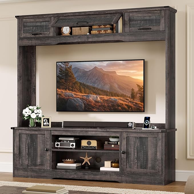 YITAHOME Wall Unit Entertainment Center for 65 Inch TV, 73" Tall TV Console with Power Outlet, Adjustable Shelf & Flip-Up Compartments, Large Media Stand for Living Room, Rustic Oak