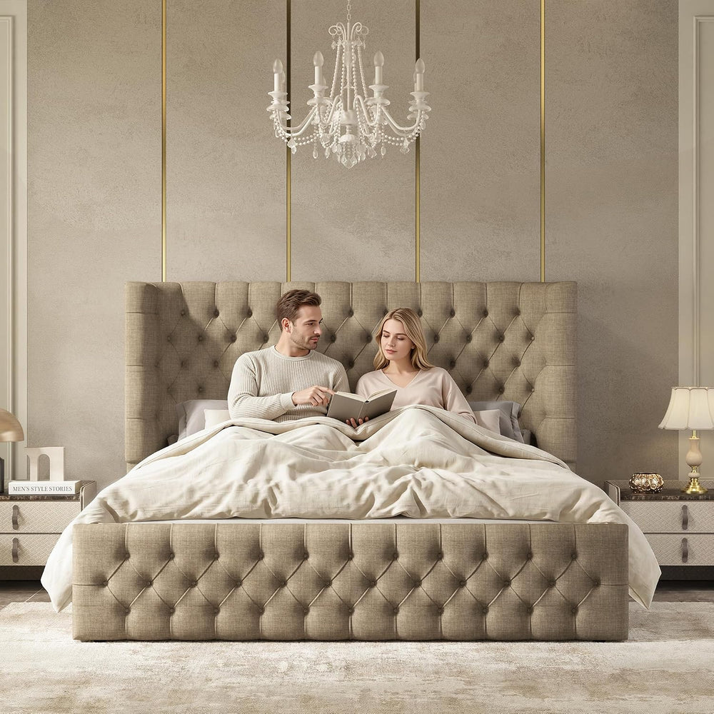 Jocisland King Bed Frame Upholstered Wingback Headboard & Footboard,Khaki