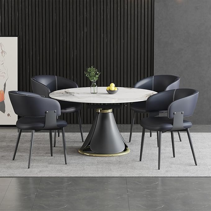 Modern Dining Chairs Set of 4, Faux Leather Upholstered Kitchen Chairs with Curved Back and Metal Legs, Mid Century Chairs for Dining Room, Kitchen, or Café (Black)