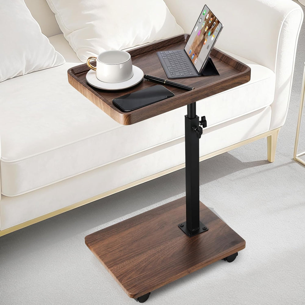 C Shaped End Table for Couch, Adjustable Height C Shaped Side Table with Whee...