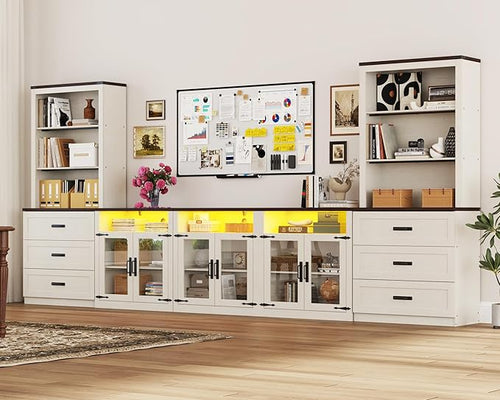 157" W 4-Piece Entertainment Center with Bookshelves for TVs up to 100", Farmhouse Wall Unit TV Stand with Doors & Drawer, Media Console Table for Living Room, Bedroom, White
