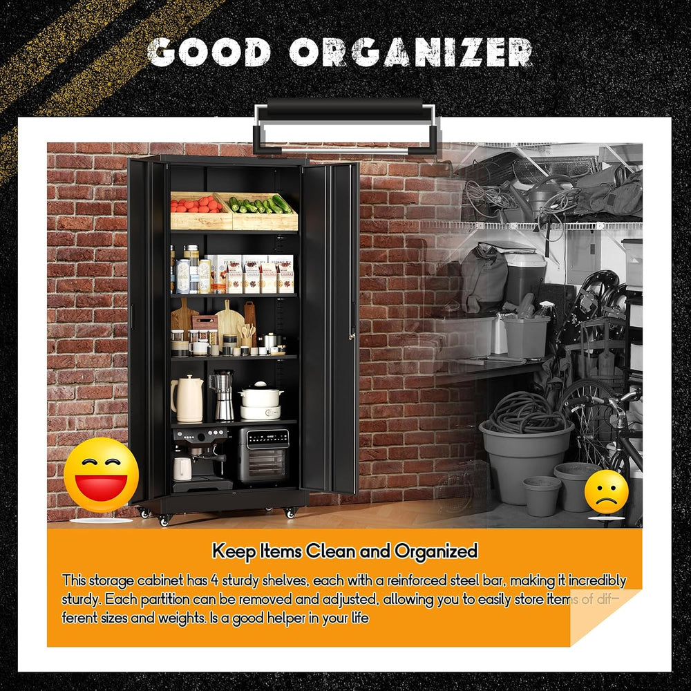 Greenvelly 73" Metal Garage Storage Cabinet with Wheels, Black Lockable ...