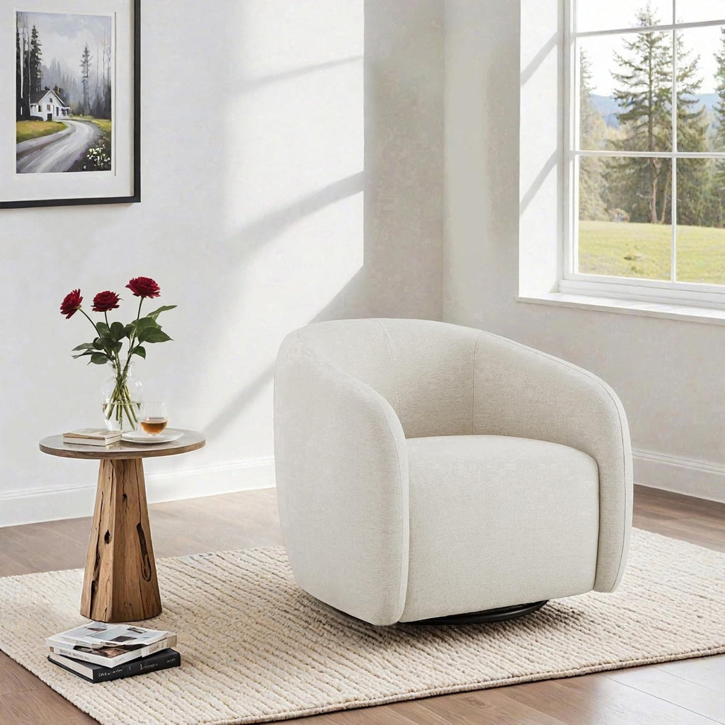Watson & Whitely Swivel Accent Chairs Set of 2, Modern Upholstered Fabric Barrel Chair Armchair for Living Room, Bedroom, Fully Assembled, Fabric in Cream