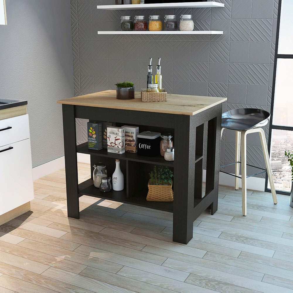Kitchen Island with Three Concealed Shelves, Black, Light Oak | Modern kitche...