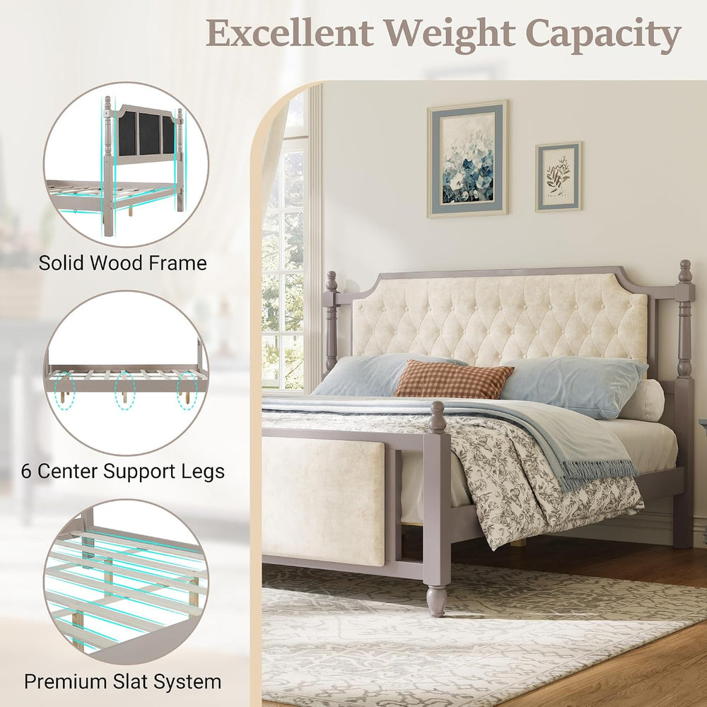 Peanu King Size Upholstered Platform Bed, Tufted Velvet Headboard, Solid Wood...