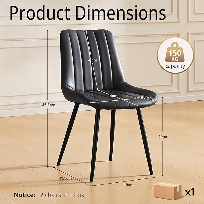 CLIPOP Dining Chairs Set of 2, Upholstered Kitchen Chairs with Comfortable Faux Leather Seat, Metal Legs, Modern Black Leather Dining Chairs, Easy Assembly
