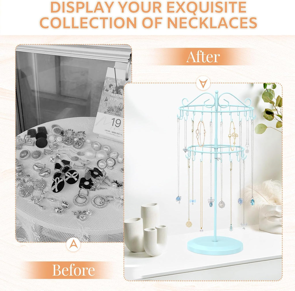 iDavosic.ly 2 Tier Rotating Necklace Holder Organizer with 42 Hooks, Adjustable Metal Bracelet Display Stand Rack, Extra Tall Keychain Spinning Tree Tower for Women, Blue