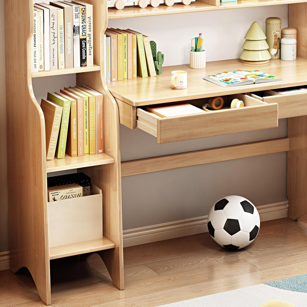 Kids Desk Kids Table and Chair Set with Drawers and Bookshelf Rubber Wood Kid's Media Desk Student Learning Computer Workstation and Writing Desk(Natural)